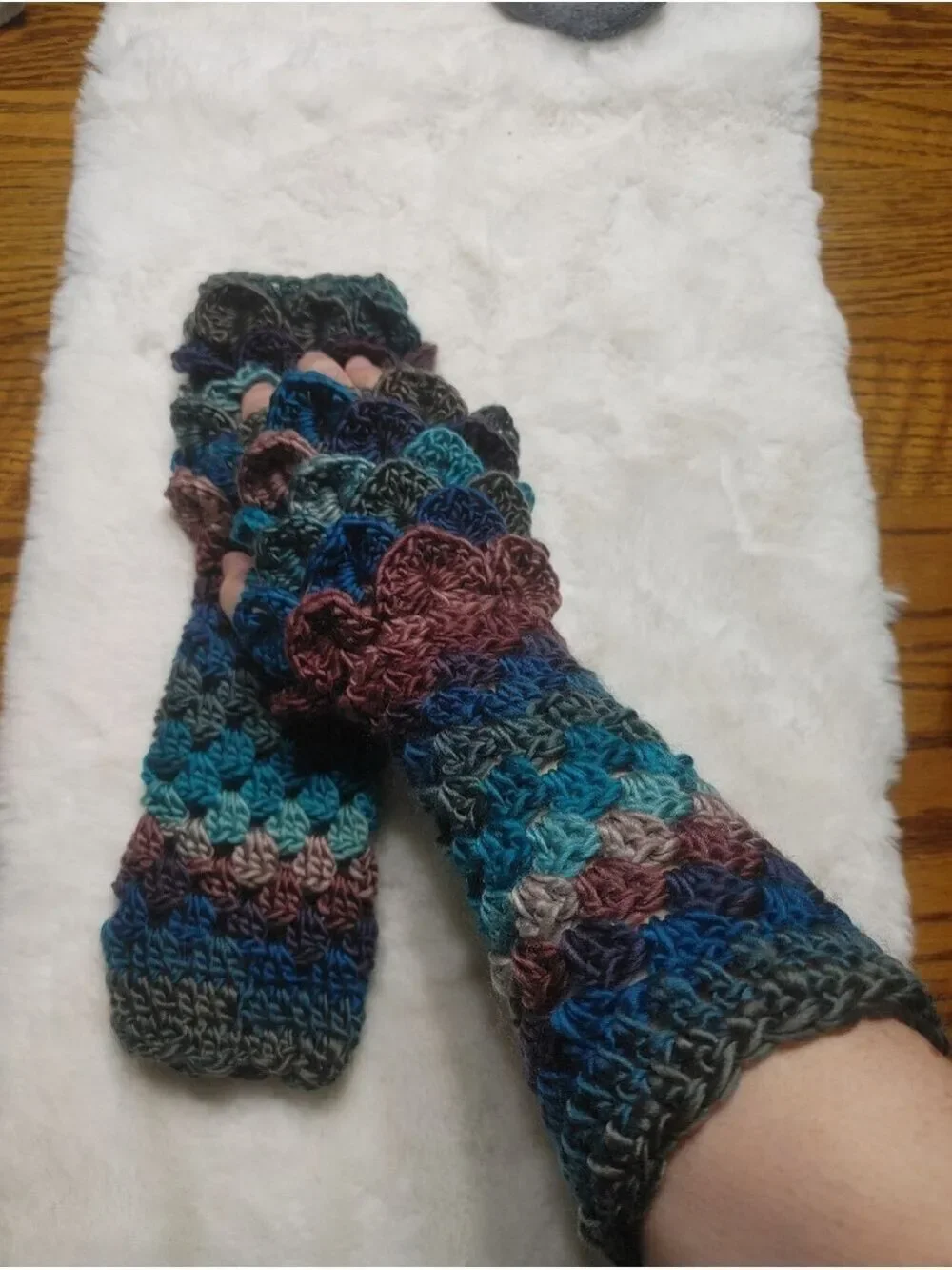 Just in! Handmade Crocheted Dragonscale Fingerless Texting Gloves in Deep Ocean